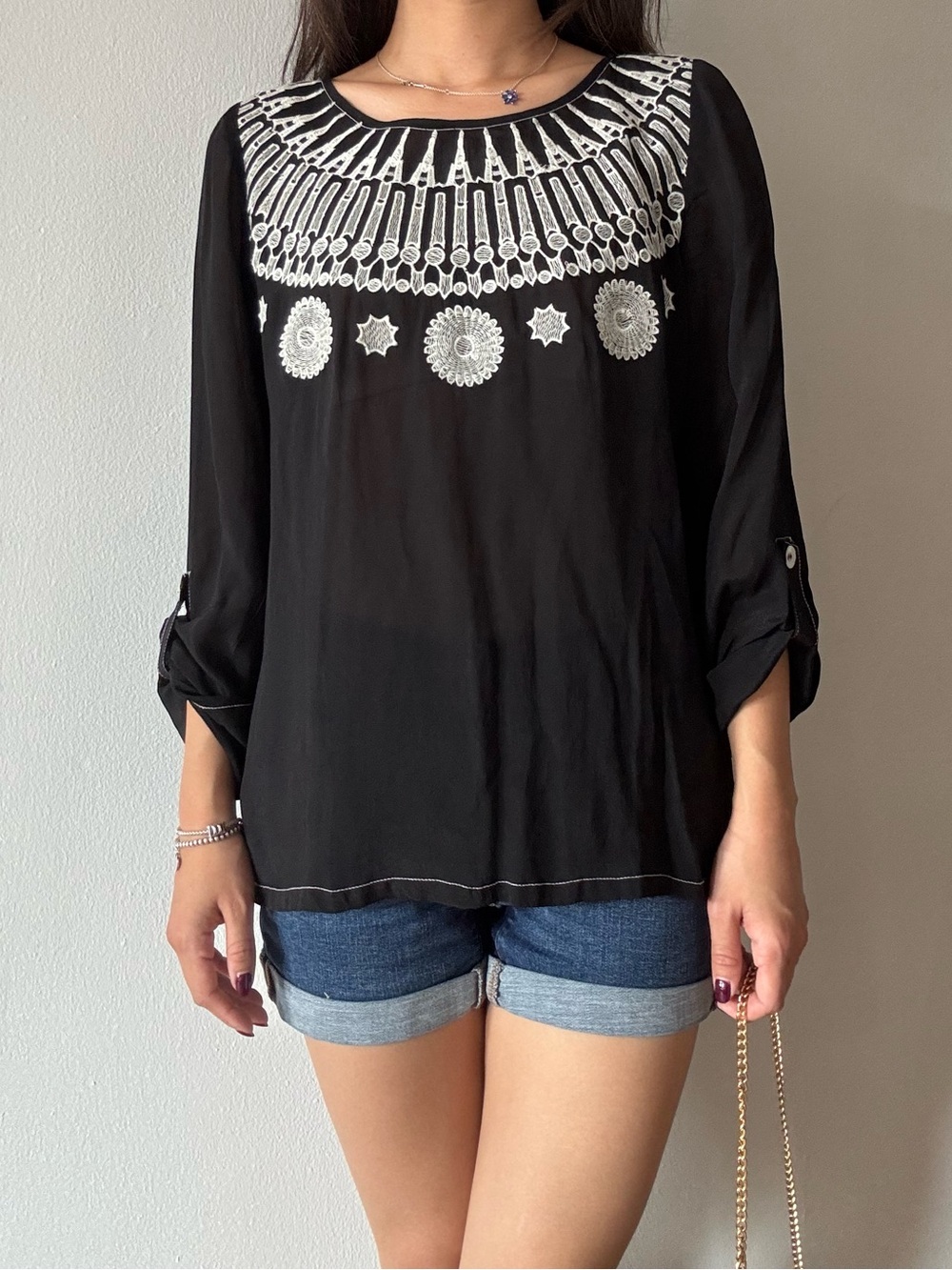 tracy reese black blouse with white embroidered detail
